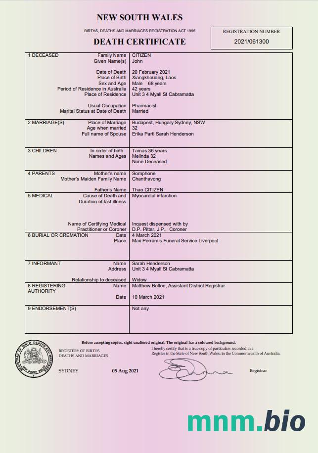 Australia New South Wales Death Certificate szablon in Word i PDF formacie